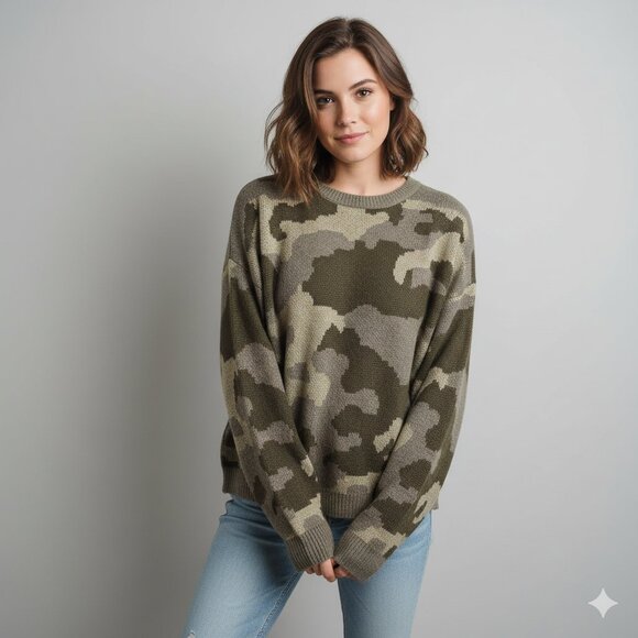 Lucky Brand Women's Size XL Green Camo Crew Neck Wool Blend Pullover Sweater - Picture 1 of 11